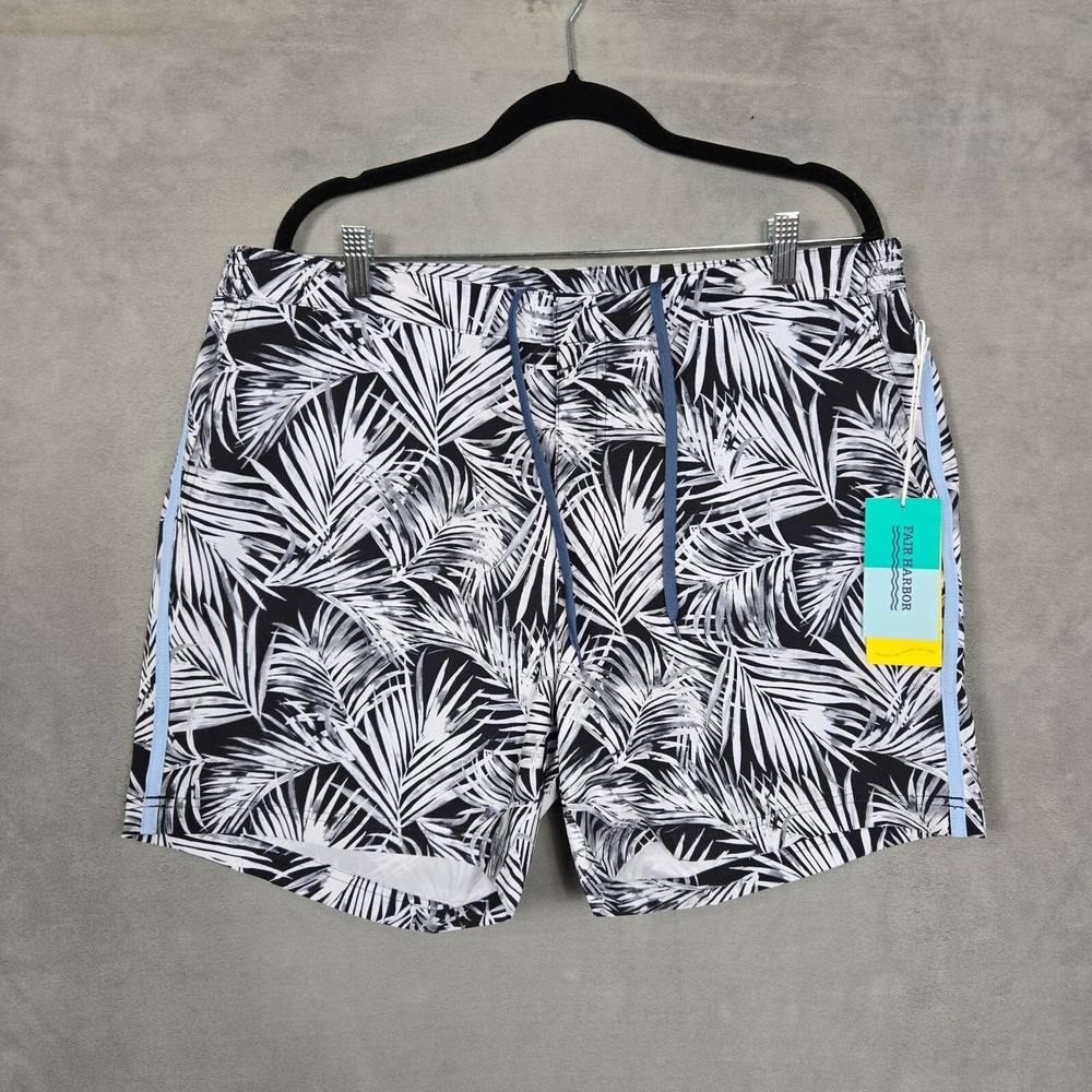 Fair Harbor‎ Swim Trunks Mens 38 Lined black white palm stretch the sextant NEW